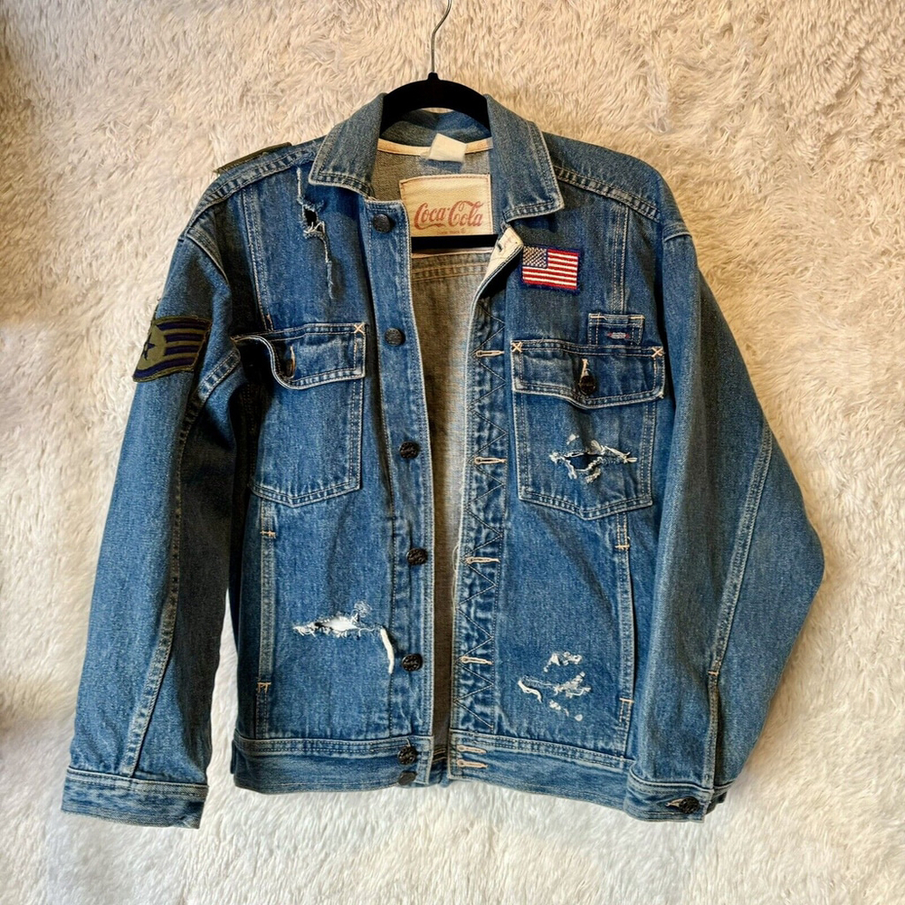 Coca Cola Denim Jacket Medium Buttons Leather Tag Patchwork 1980 Vintage